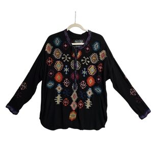 BIYA JOHNNY WAS EMBROIDERED BOHO PEASANT TOP BLACK MULTICOLOR SZ M